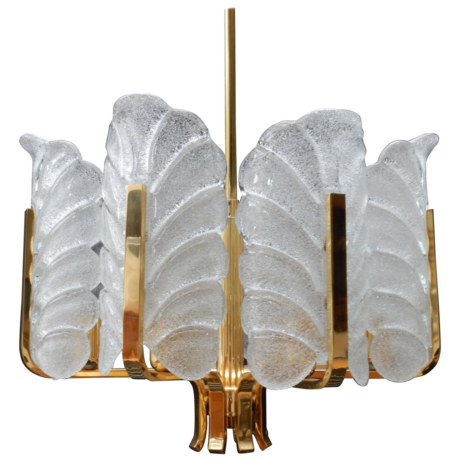 Carl Fagerlund Glass Leave Brass Chandelier By Orrefors