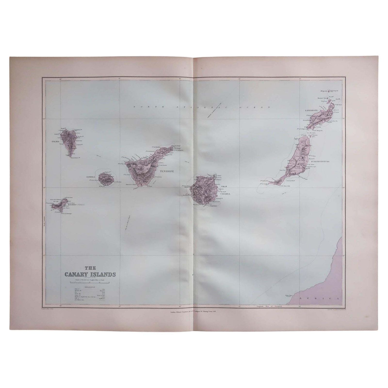 Large Original Antique Map Of The Canary Islands. 1894