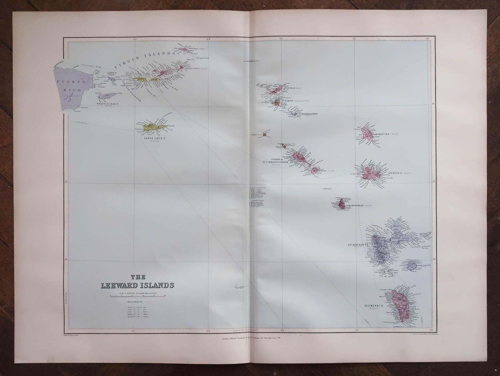 Large Original Antique Map Of The Leeward Islands. 1894 photo furniture