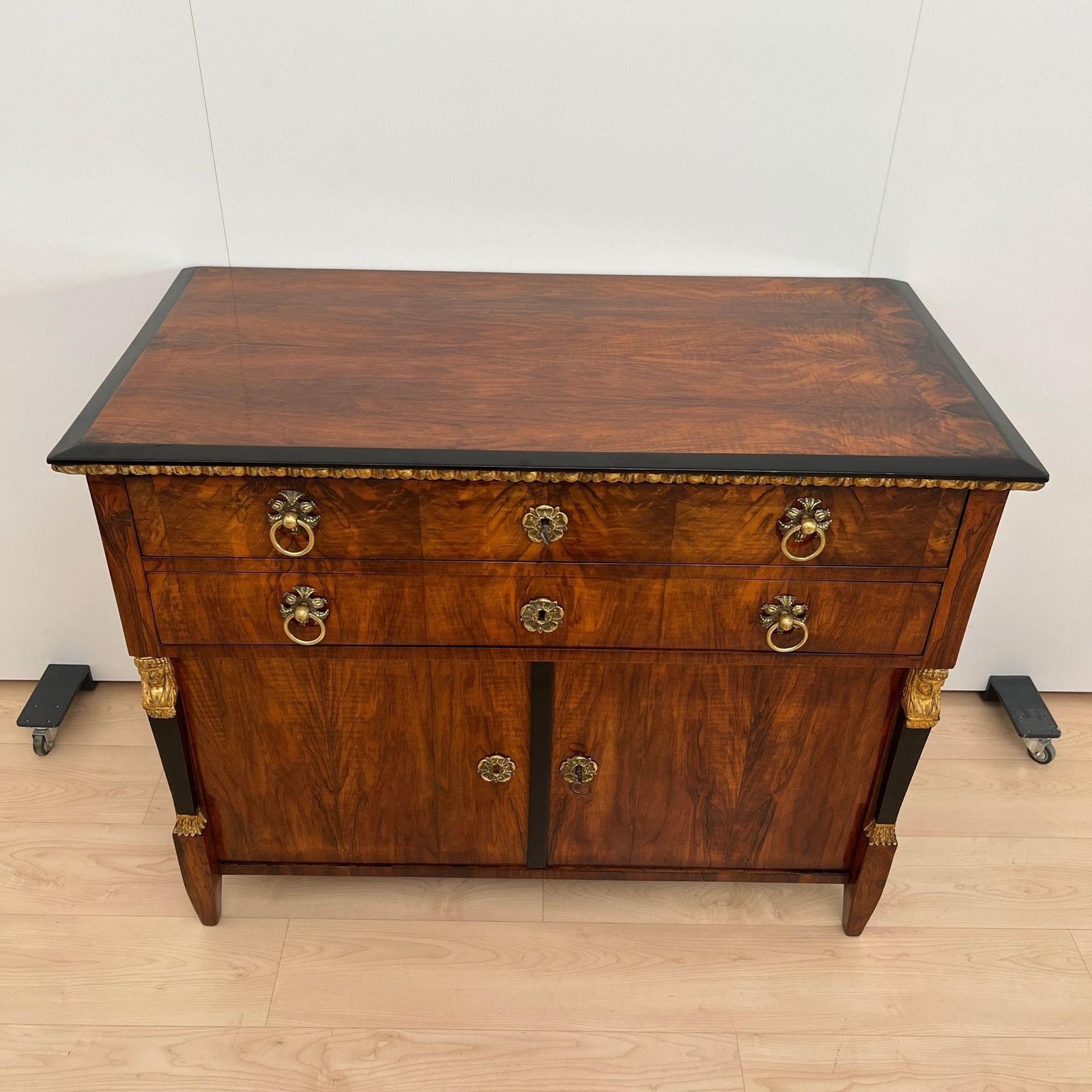Biedermeier Chest, Walnut Veneer, Cherry, Gold Leaf, Brass, Austria Circa 1815 photo furniture