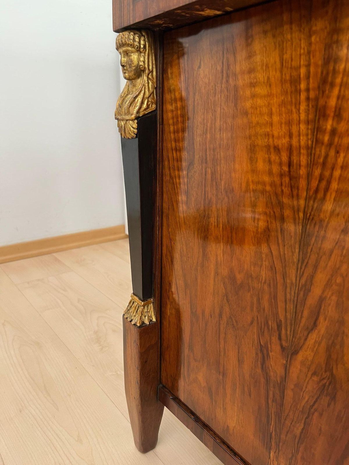 photo furniture Biedermeier Chest, Walnut Veneer, Cherry, Gold Leaf, Brass, Austria Circa 1815