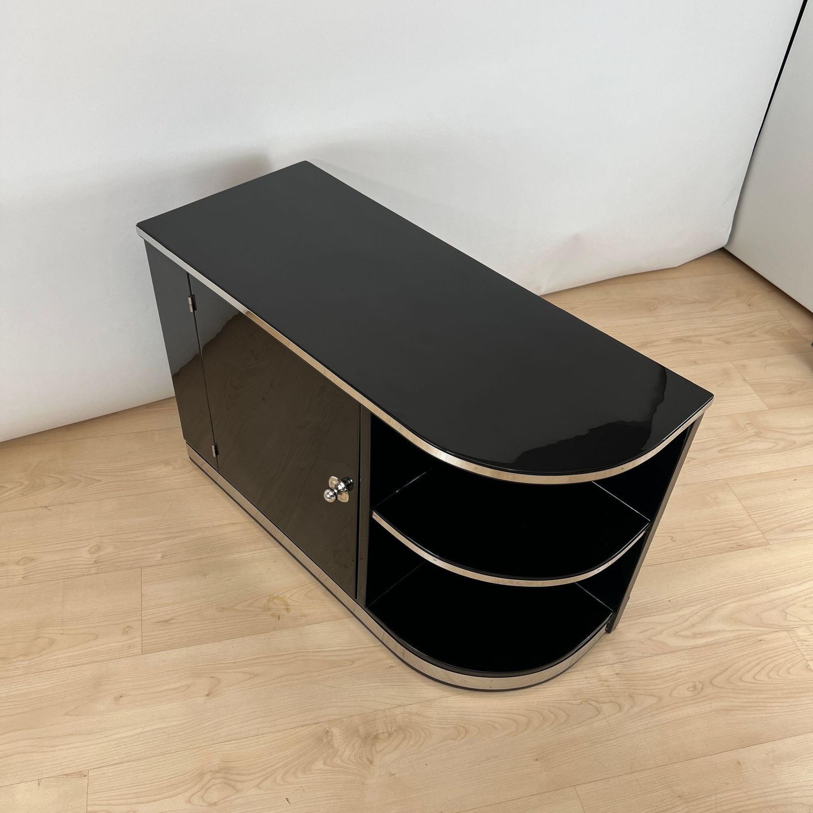 Art Deco Lowboard, Black Lacquer, Chrome Fittings, France Circa 1930 photo Furniture