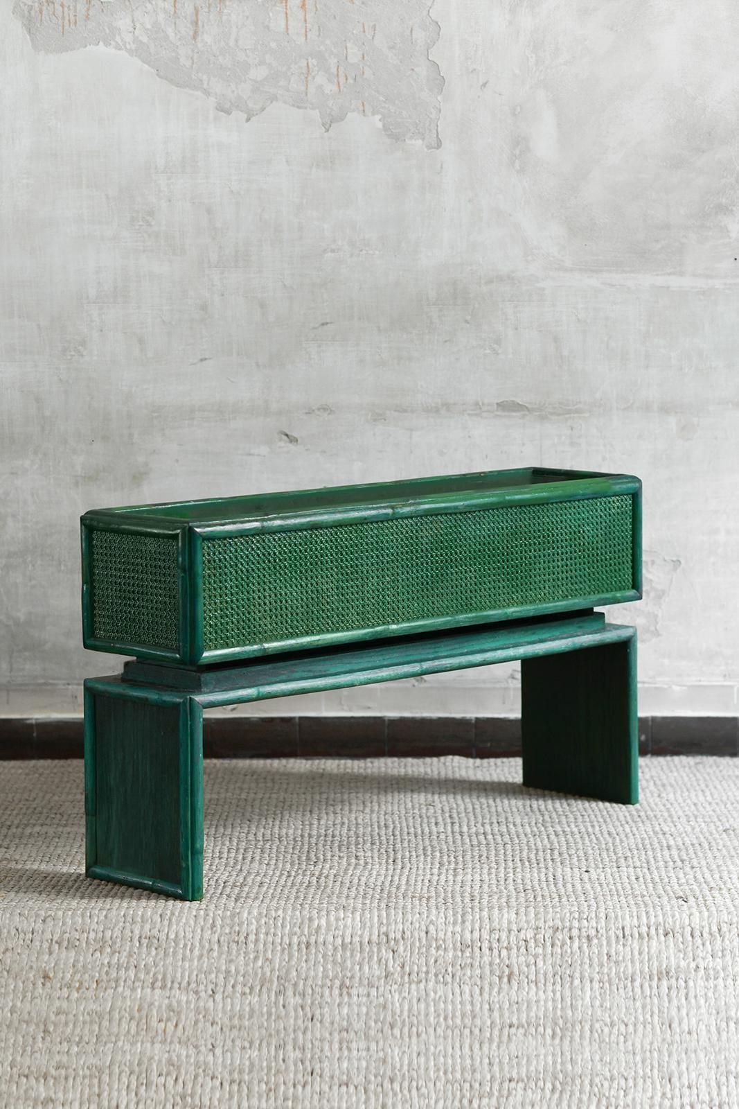 Large Green Planter With Bamboo Legs And Vienna Straw, 1980s photo for sale