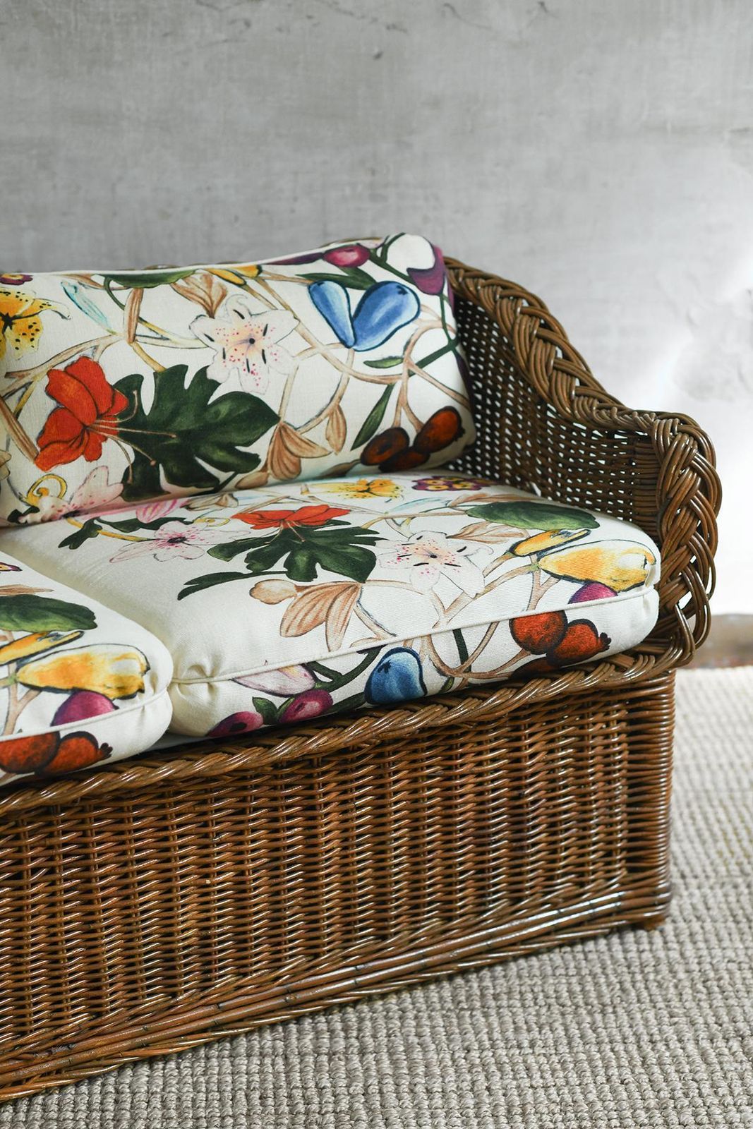 Woven Rattan Sofa With Dedar Fabric Cushions photo Furniture