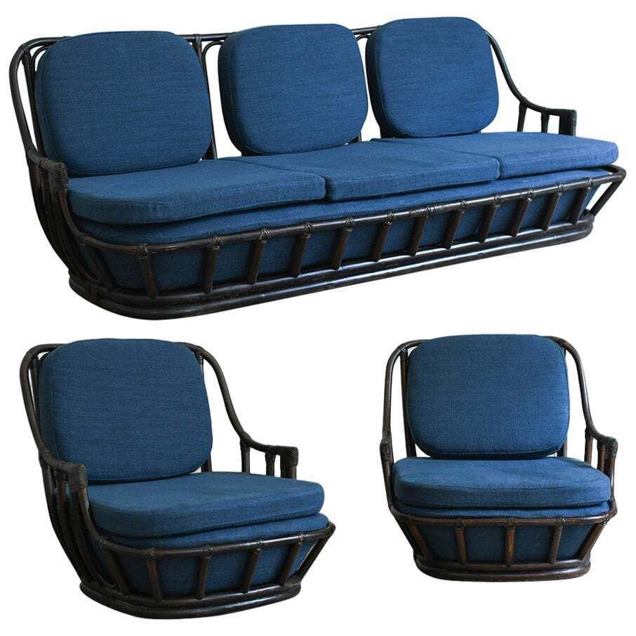 Living Room Set: Sofa + Pair Of Armchairs In Dark Finish Manao Cane, 1980s