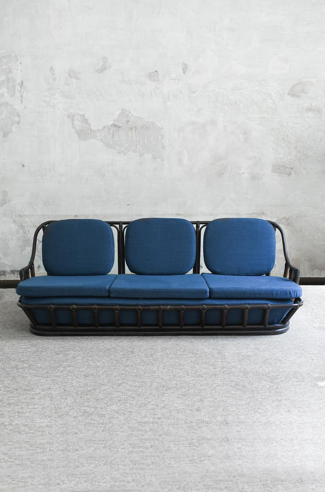 Living Room Set: Sofa + Pair Of Armchairs In Dark Finish Manao Cane, 1980s photo 9098.0
