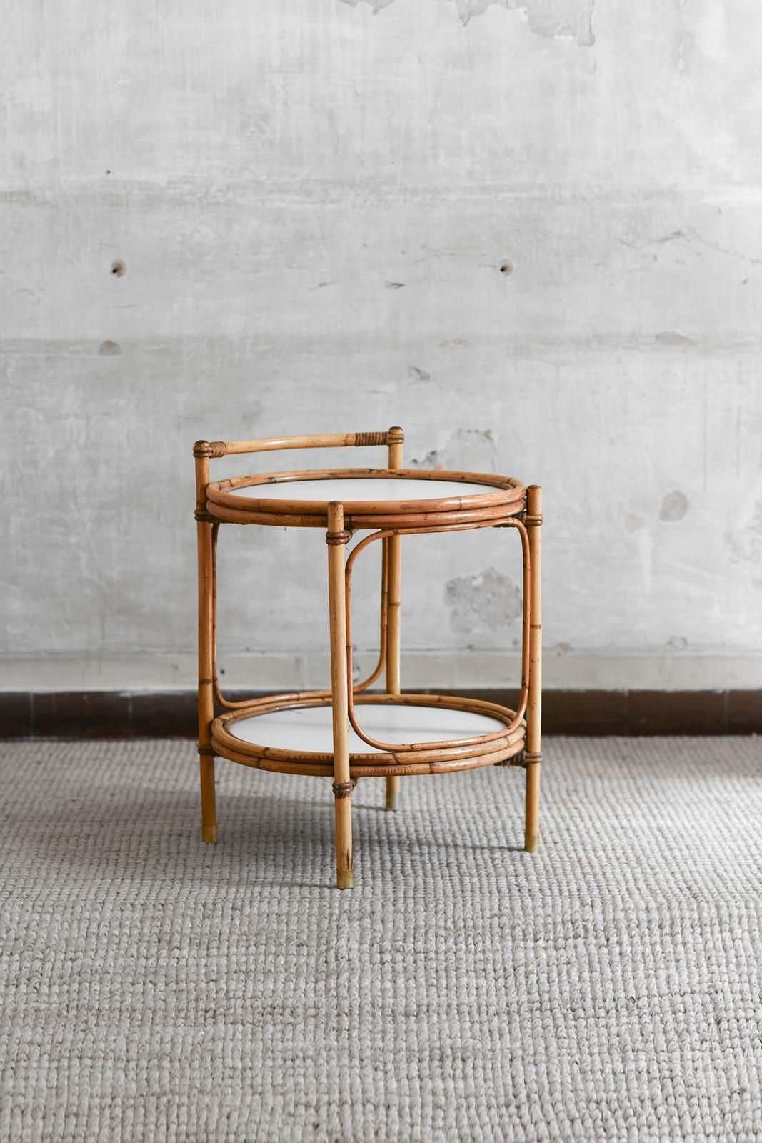 Service Table In Bamboo With White Lacquered Shelves And Brass Feet, Italy 1970 photo furniture