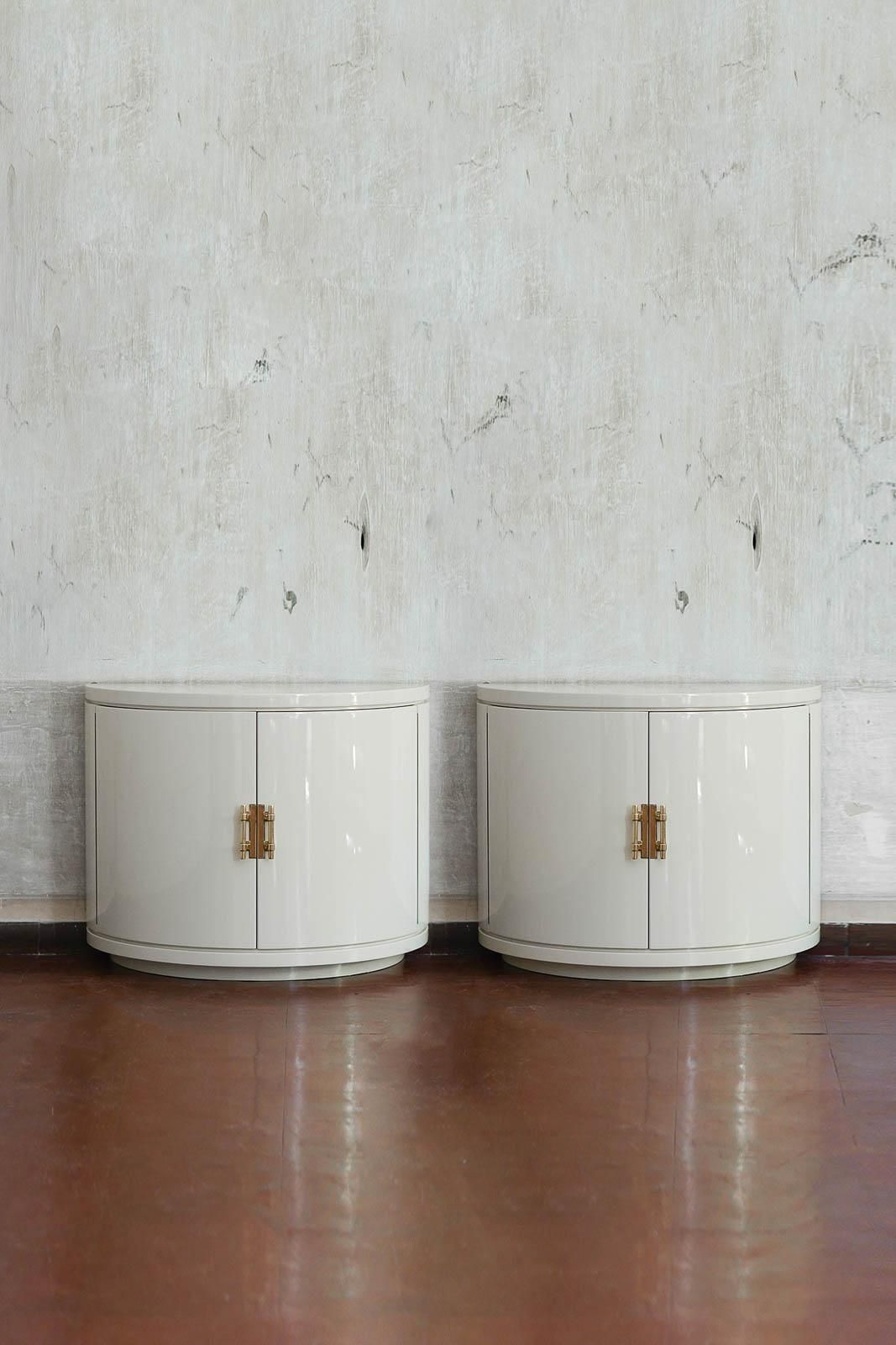 Pair Of Ivory Lacquered Half Moon Sideboards With Brass Details, 1930s. photo furniture