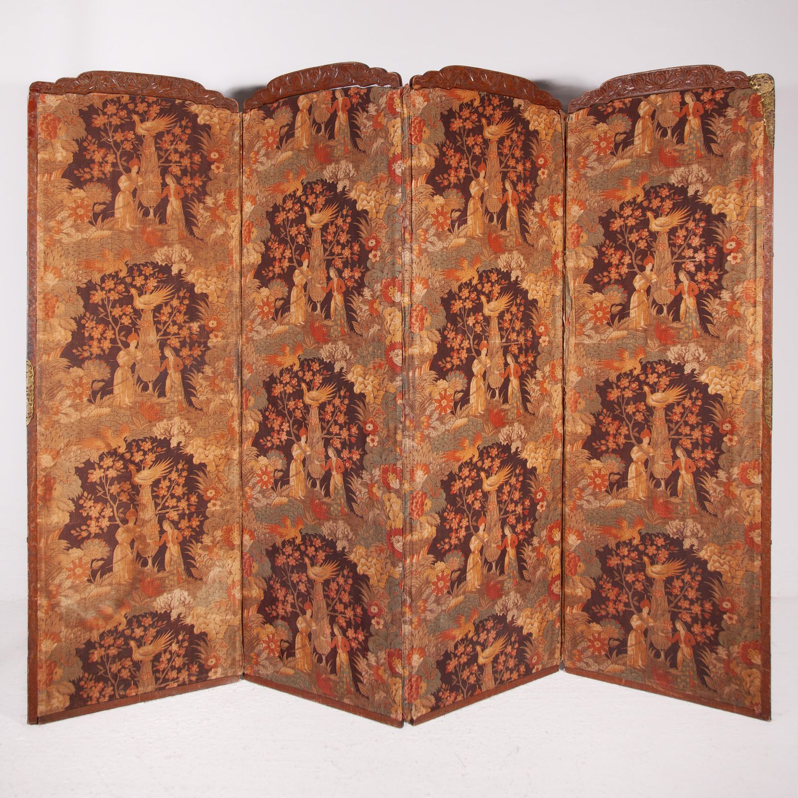 Victorian Four Panel Screen, Roomdivider In Carved Wood, Poetic Design In Fabric photo furniture