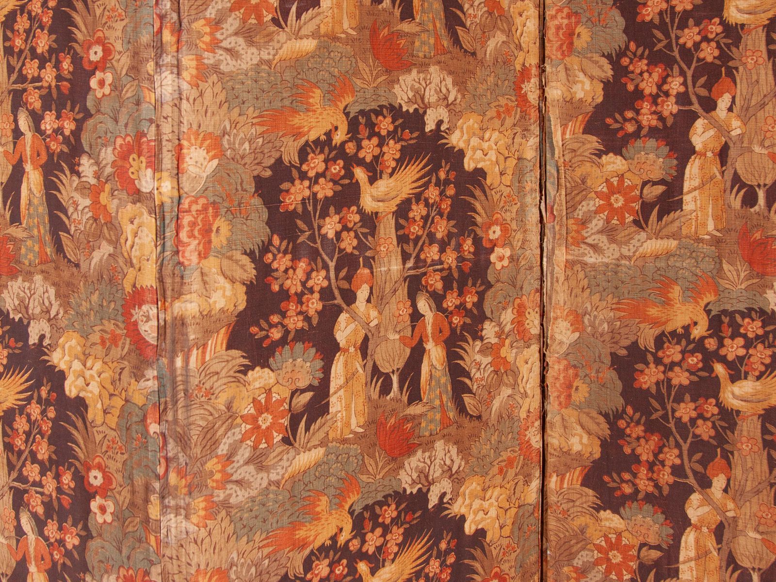 Victorian Four Panel Screen, Roomdivider In Carved Wood, Poetic Design In Fabric photo for sale