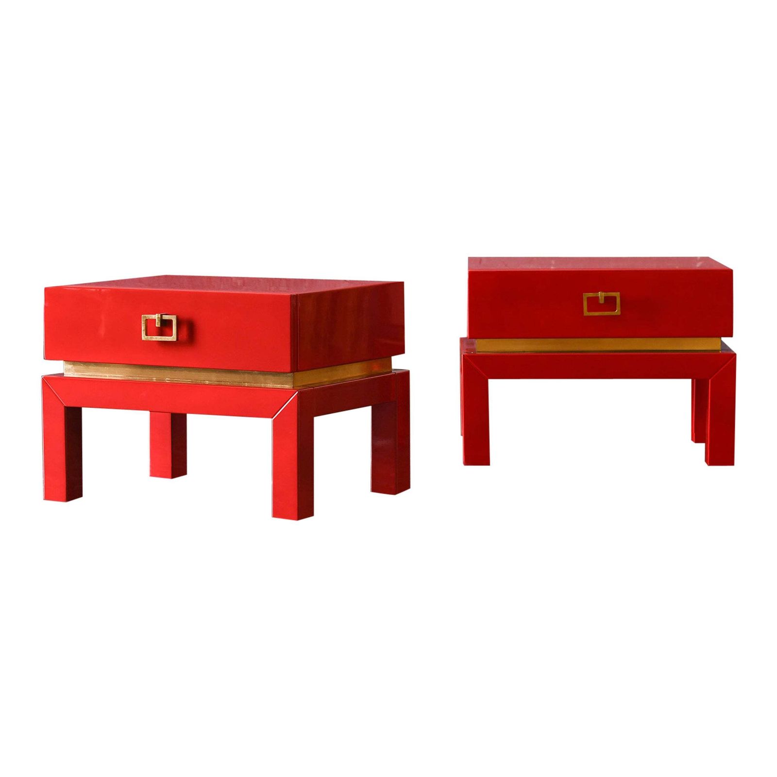 Pair Of China Red Bedside Tables With Brass Details From The 1970s