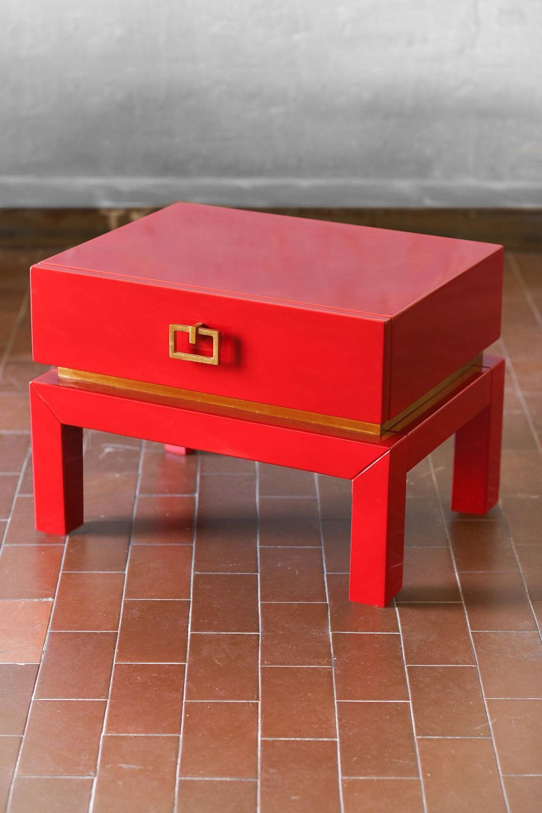 Pair Of China Red Bedside Tables With Brass Details From The 1970s photo for sale