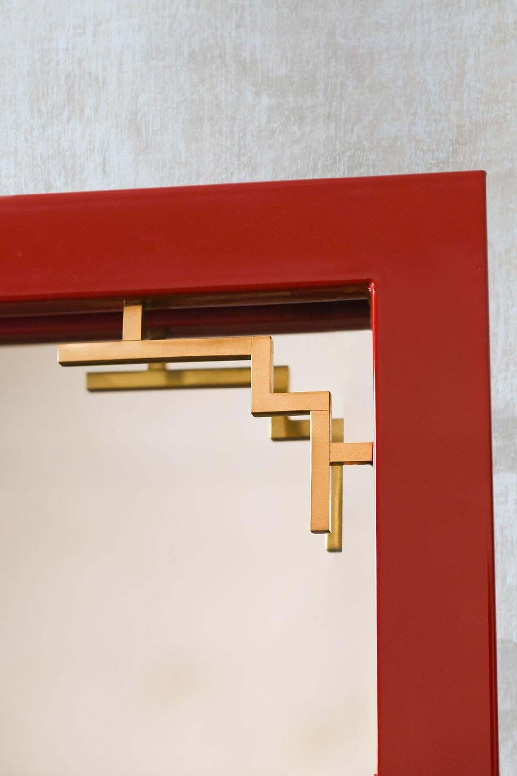China Red Mirror With Brass Details From The 1970s – Lacquered Series photo for sale