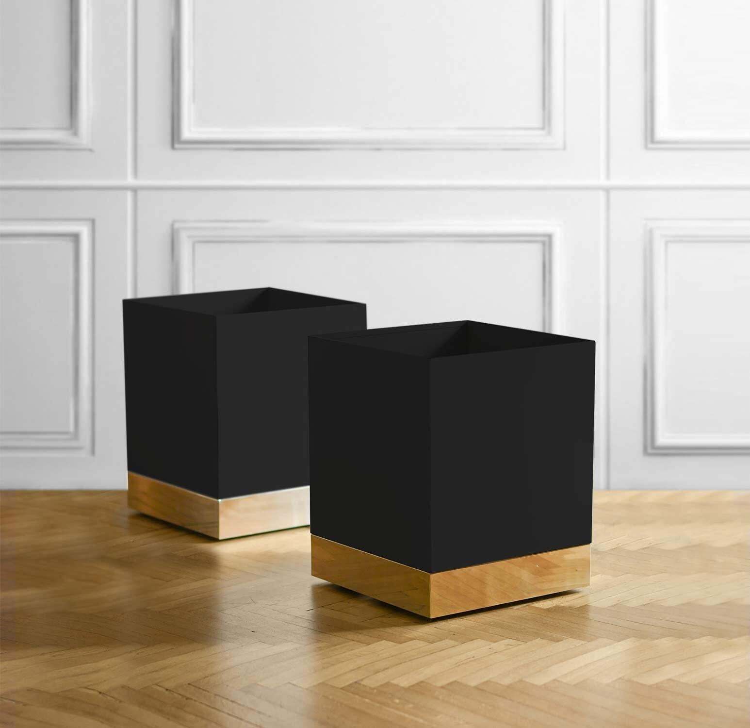 Black Enamelled Metal Vase Holder With Brass Details And Invisible Wheels photo for sale