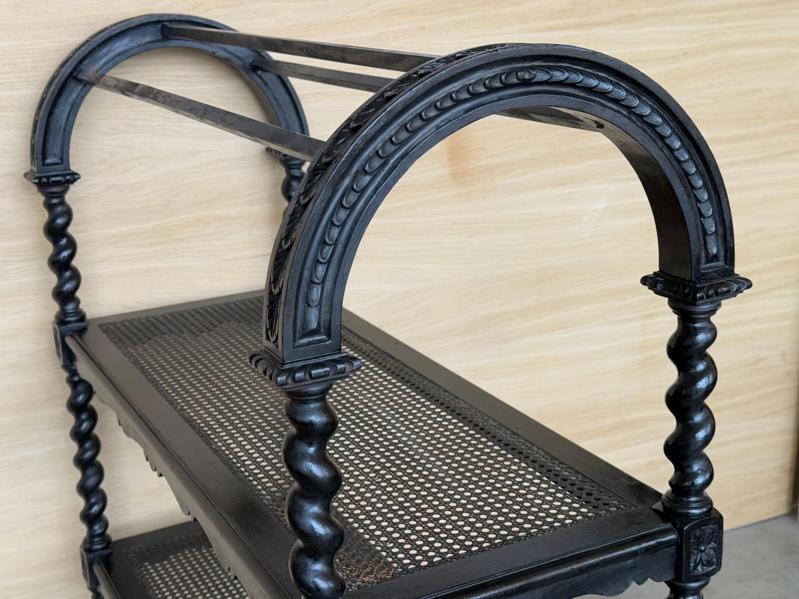 photo furniture Spanish Wooden Magazine Rack With Marquetry Or Etagere With Cane Shelves