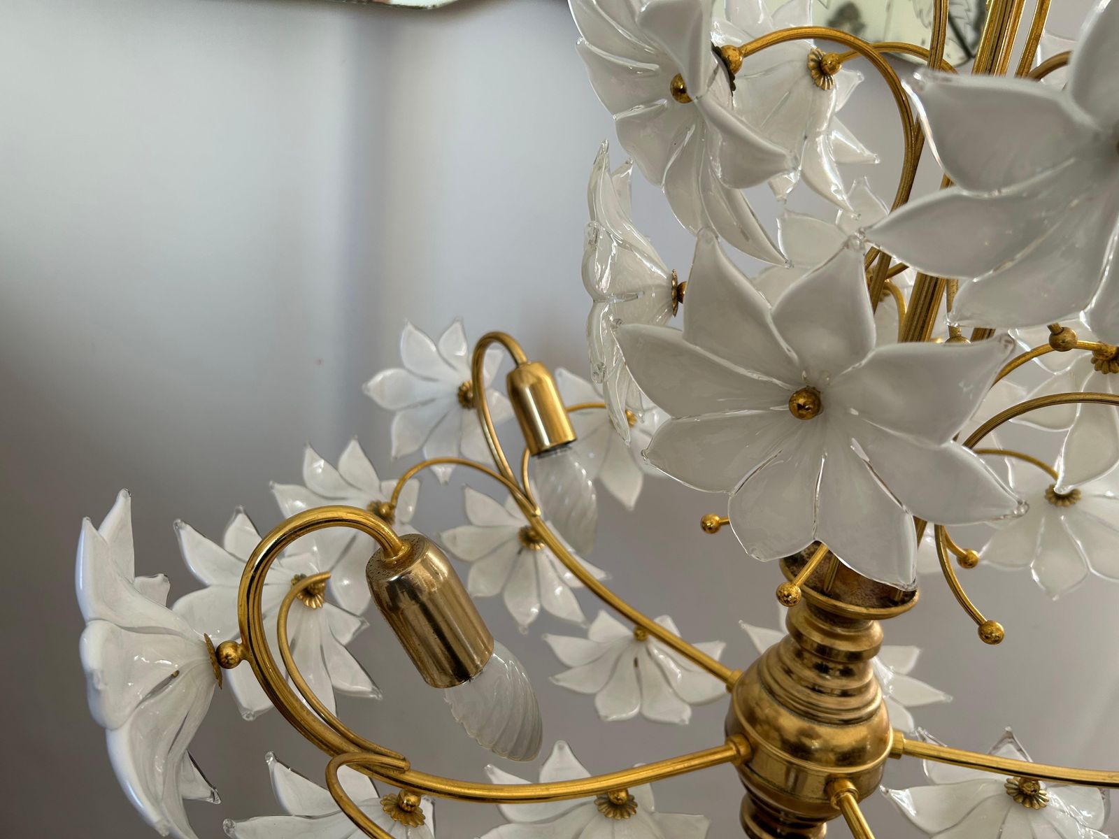 photo for sale Daisies In The Sky, Pair Of Magnificent Murano White Flowers Chandelier, 1980