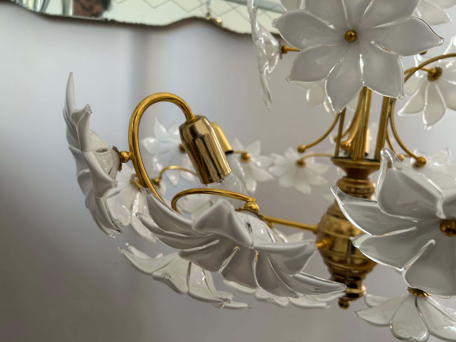 Lighting Daisies In The Sky, Pair Of Magnificent Murano White Flowers Chandelier, 1980 photo