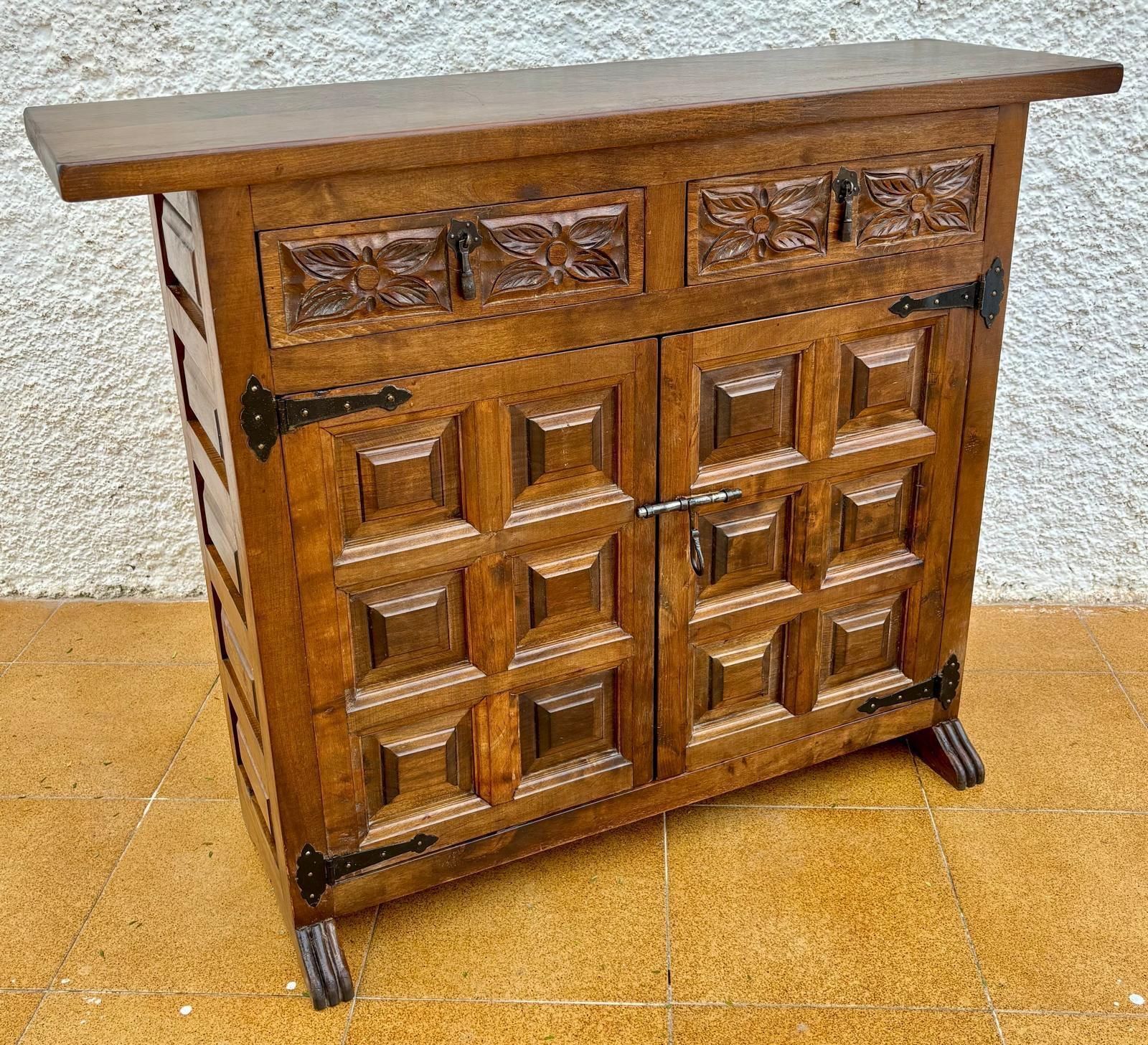 20th Century Catalán Spanish Dresser Carved In Walnut With Two Carved Drawers, 1 photo Furniture