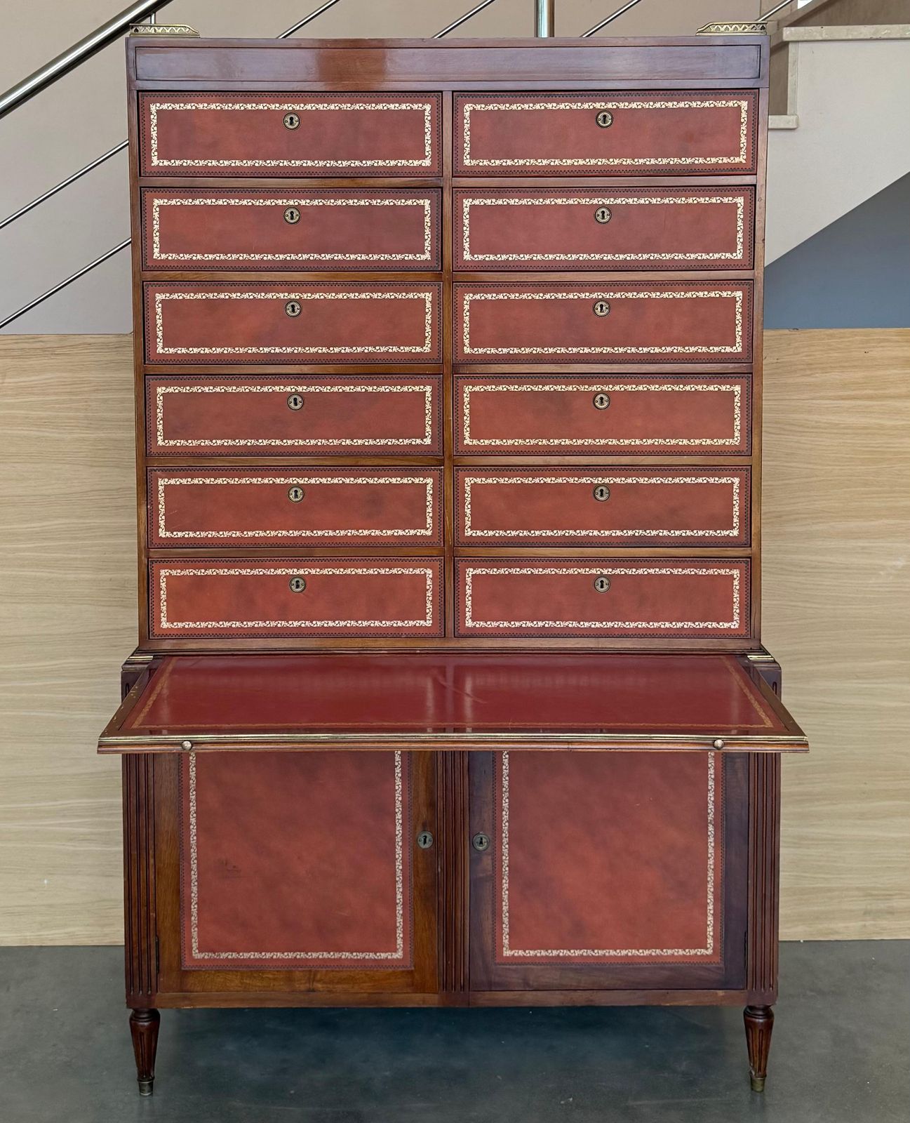 Vintage Chippendale Style Orange Tooled Leather Commode Chest Of Drawers, Desk photo 4241.0