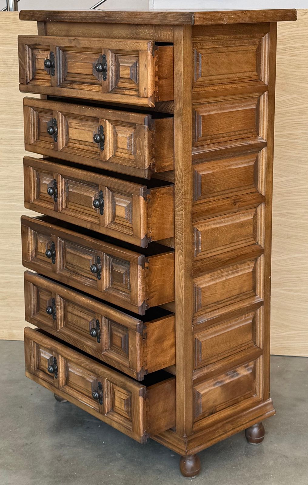 photo for sale 20th Catalan Spanish Baroque Carved Walnut Tuscan Chest Of Drawers Or Nightstand