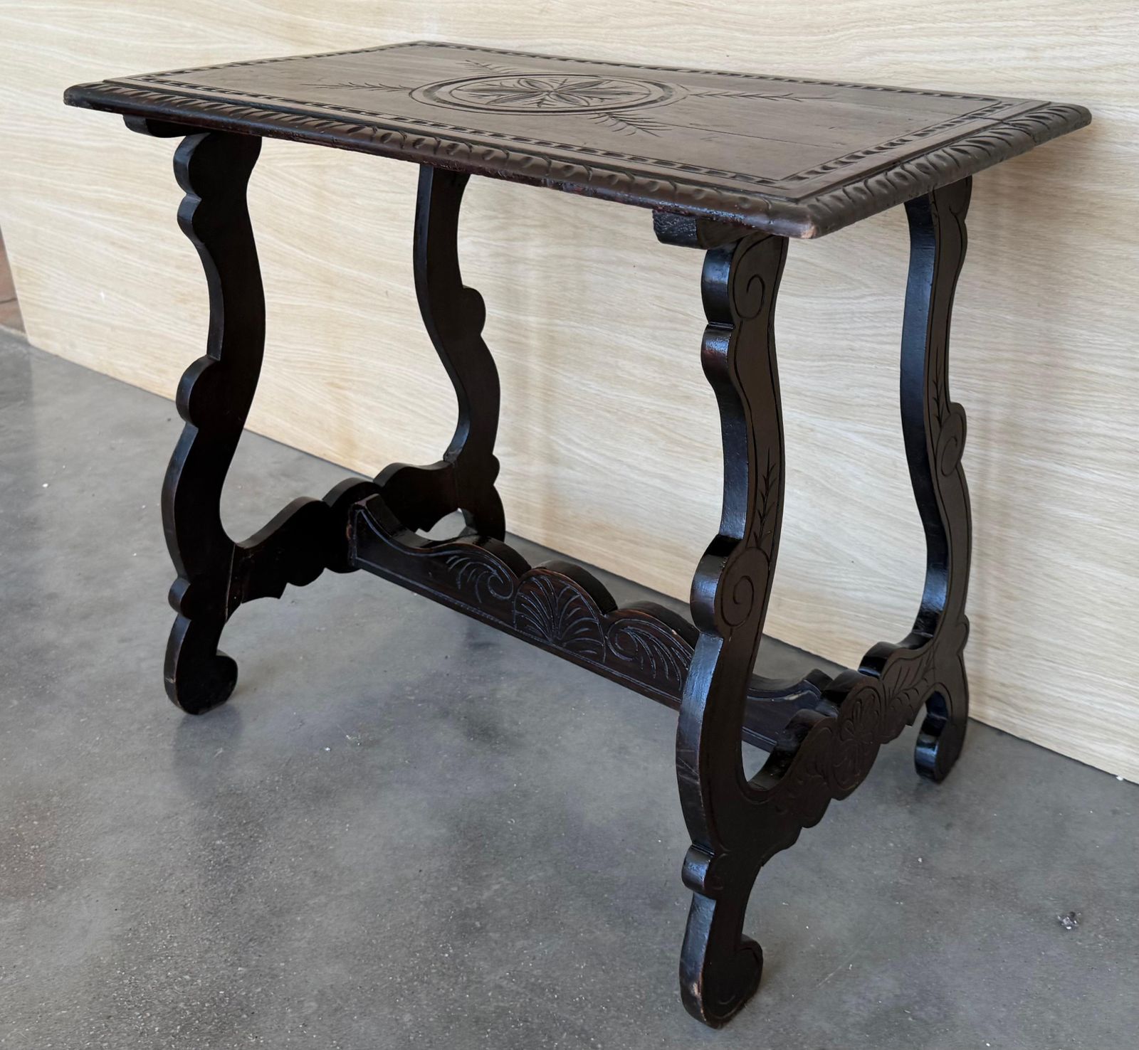 19th  Baroque Spanish Side Table With Lyre Legs And Carved Edges photo vintage