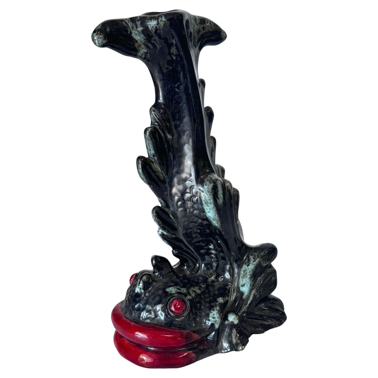 Sculptural Ceramic Candlestick – France – Black, Red & Green Glaze