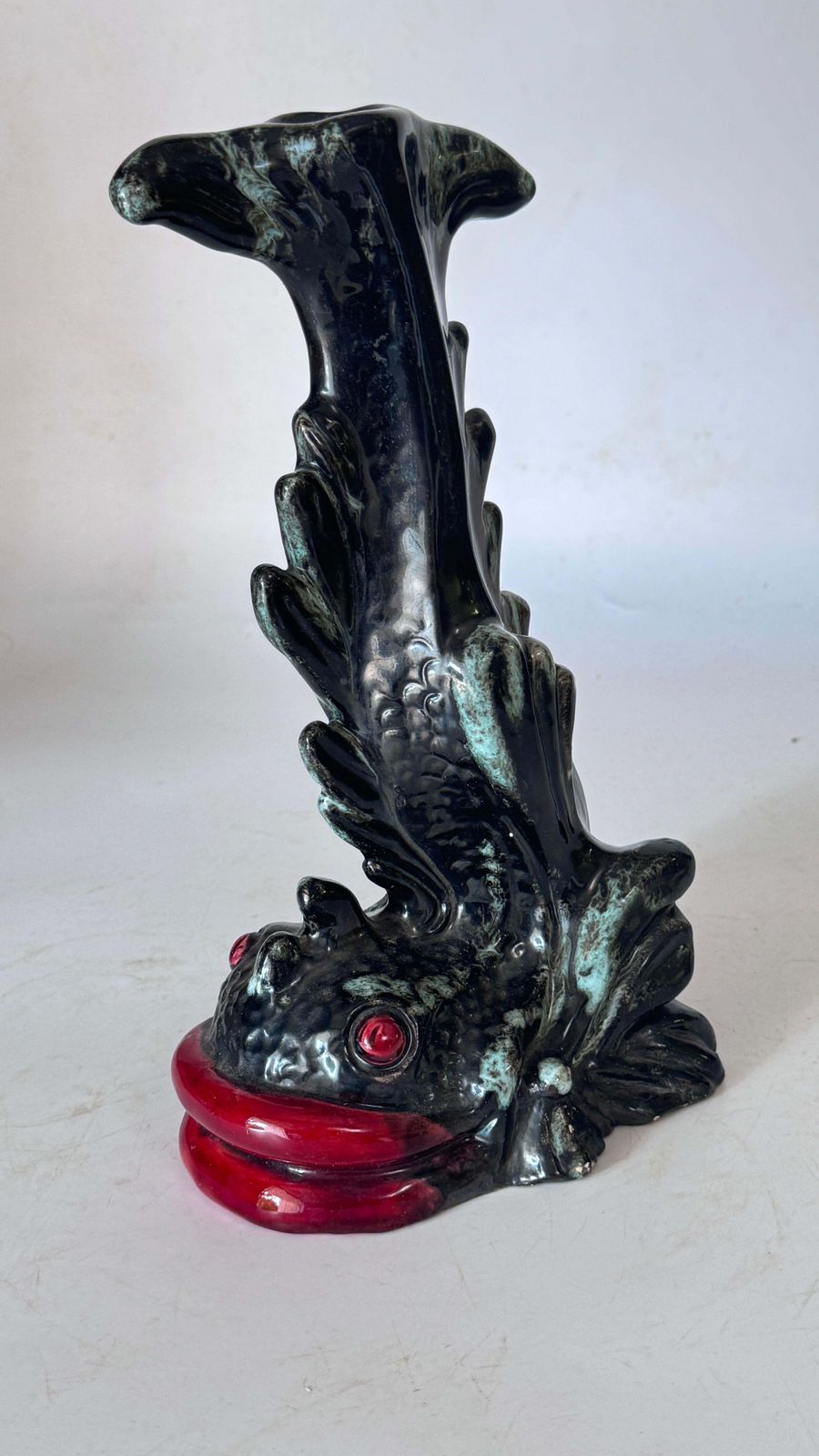 Sculptural Ceramic Candlestick – France – Black, Red & Green Glaze photo Home Decor