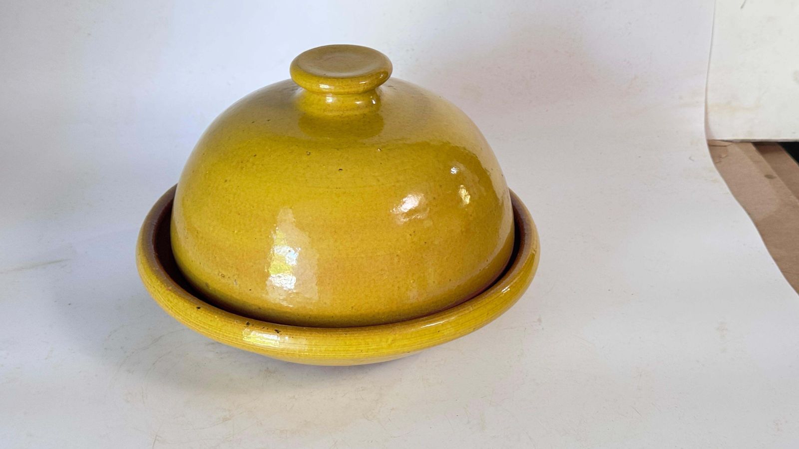 photo vinterior Glazed Terracotta Tajine Soup Tureen Early 20th Century Yellow Enameled Pottery