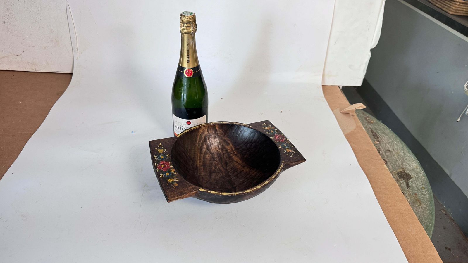 19th Century French Provincial Wooden Bowl Hand Painted Floral Motifs photo furniture