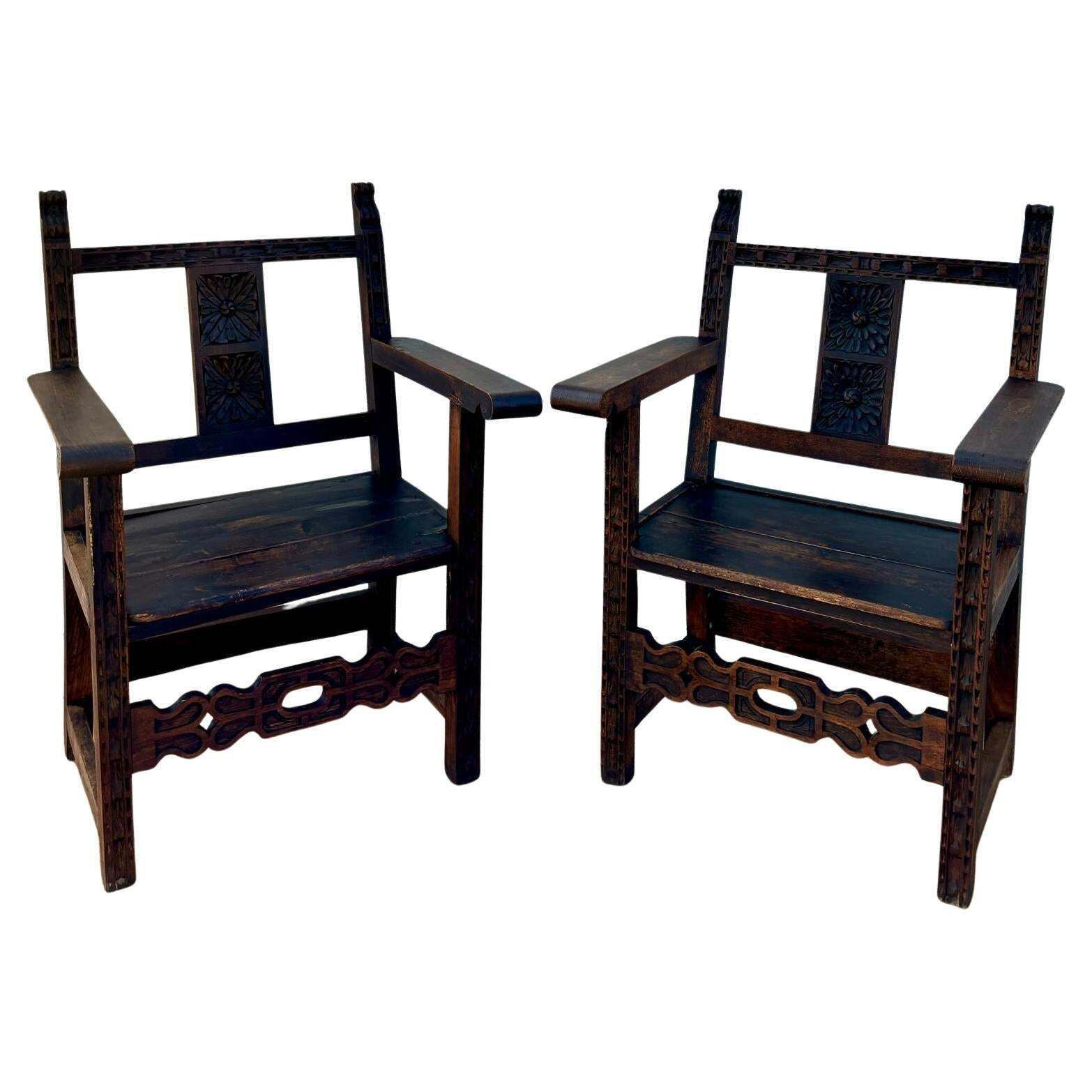 Set Of 19th Century Spanish Colonial Carved Altar Armchairs With Wooden Seats