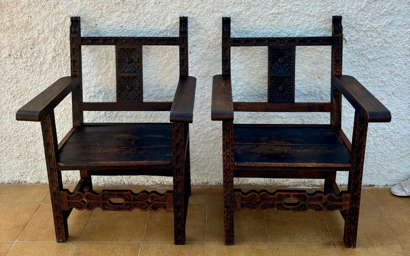 Set Of 19th Century Spanish Colonial Carved Altar Armchairs With Wooden Seats photo for sale
