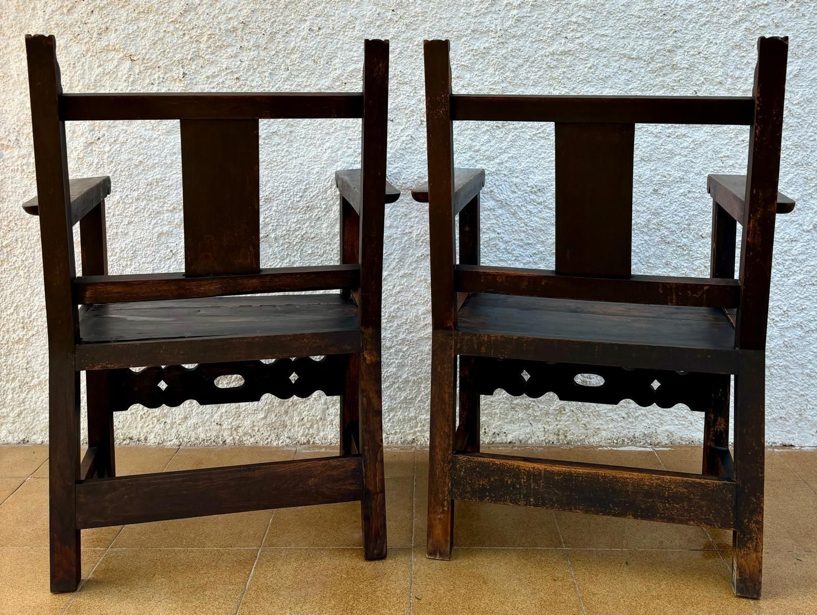 Set Of 19th Century Spanish Colonial Carved Altar Armchairs With Wooden Seats photo Furniture