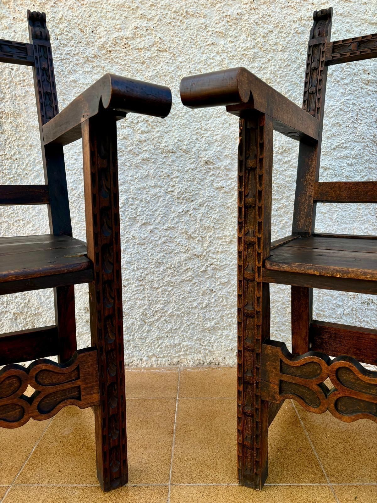 photo for sale Set Of 19th Century Spanish Colonial Carved Altar Armchairs With Wooden Seats