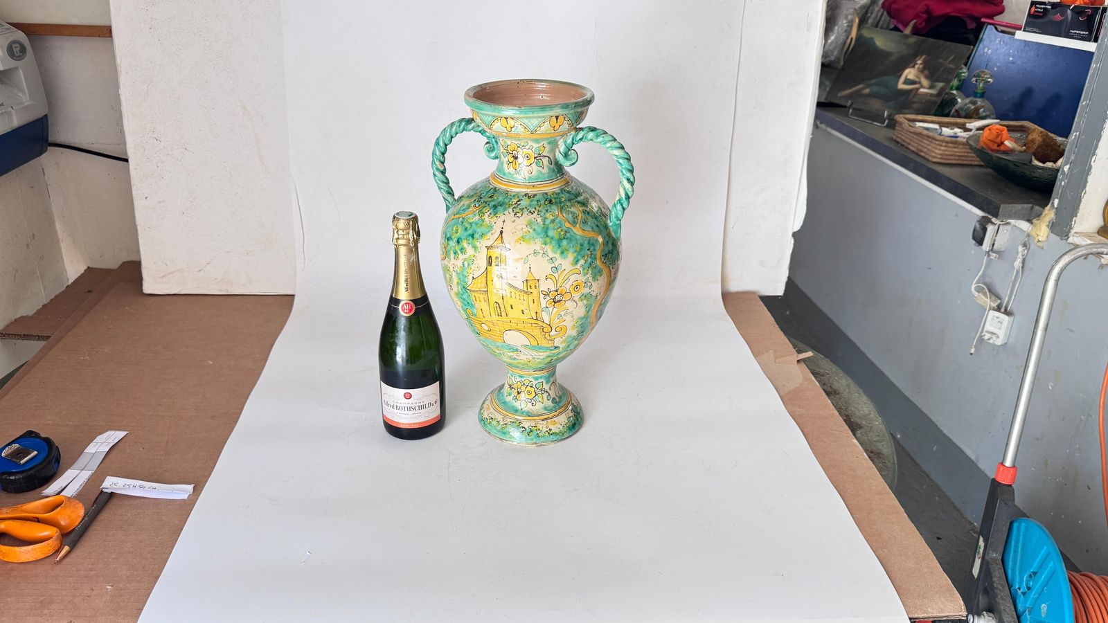 Large Italian Ceramic Vase – Green & Yellow – Knight On Horseback – 1970s photo furniture