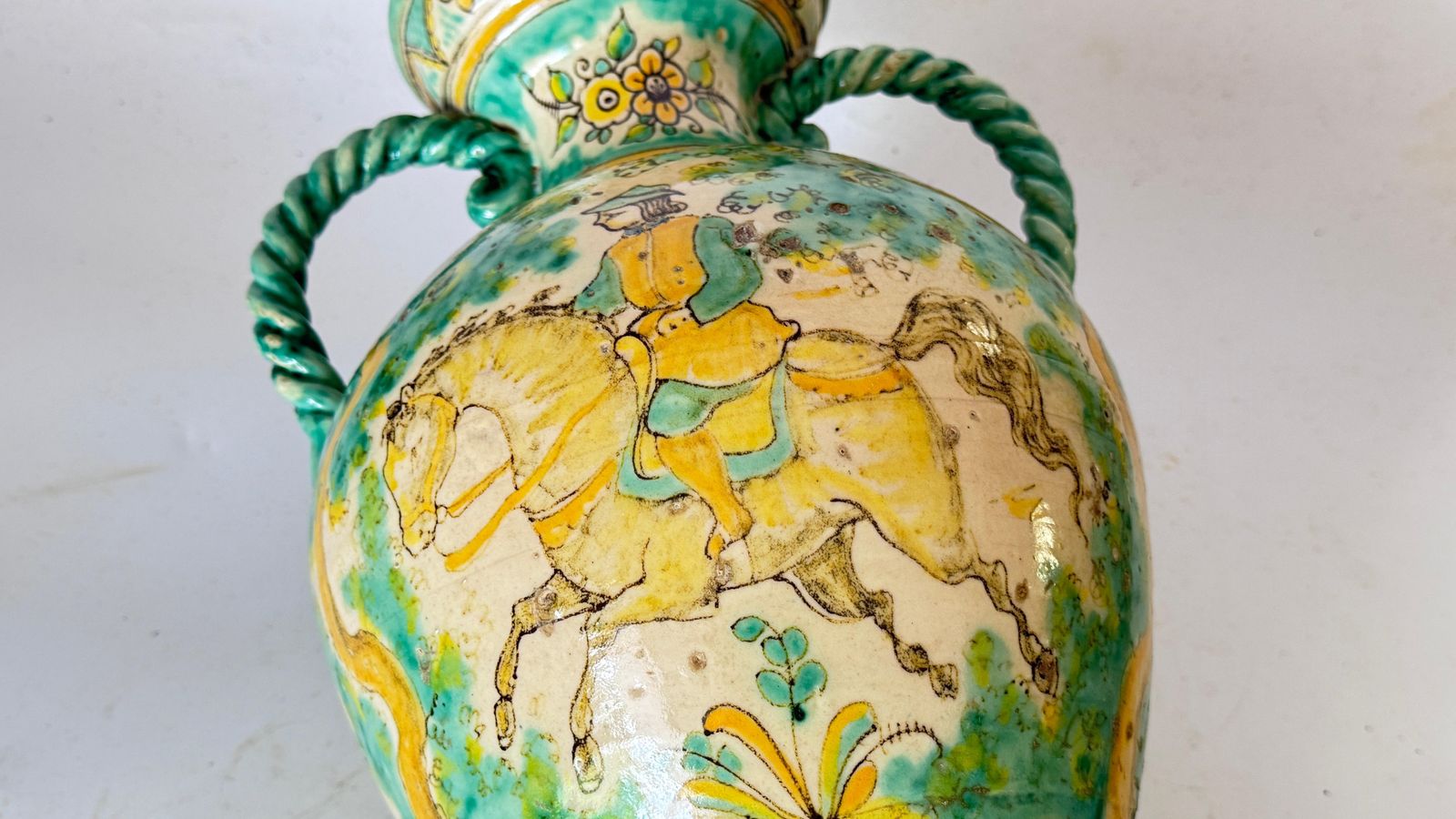 478.0 Large Italian Ceramic Vase – Green & Yellow – Knight On Horseback – 1970s photo
