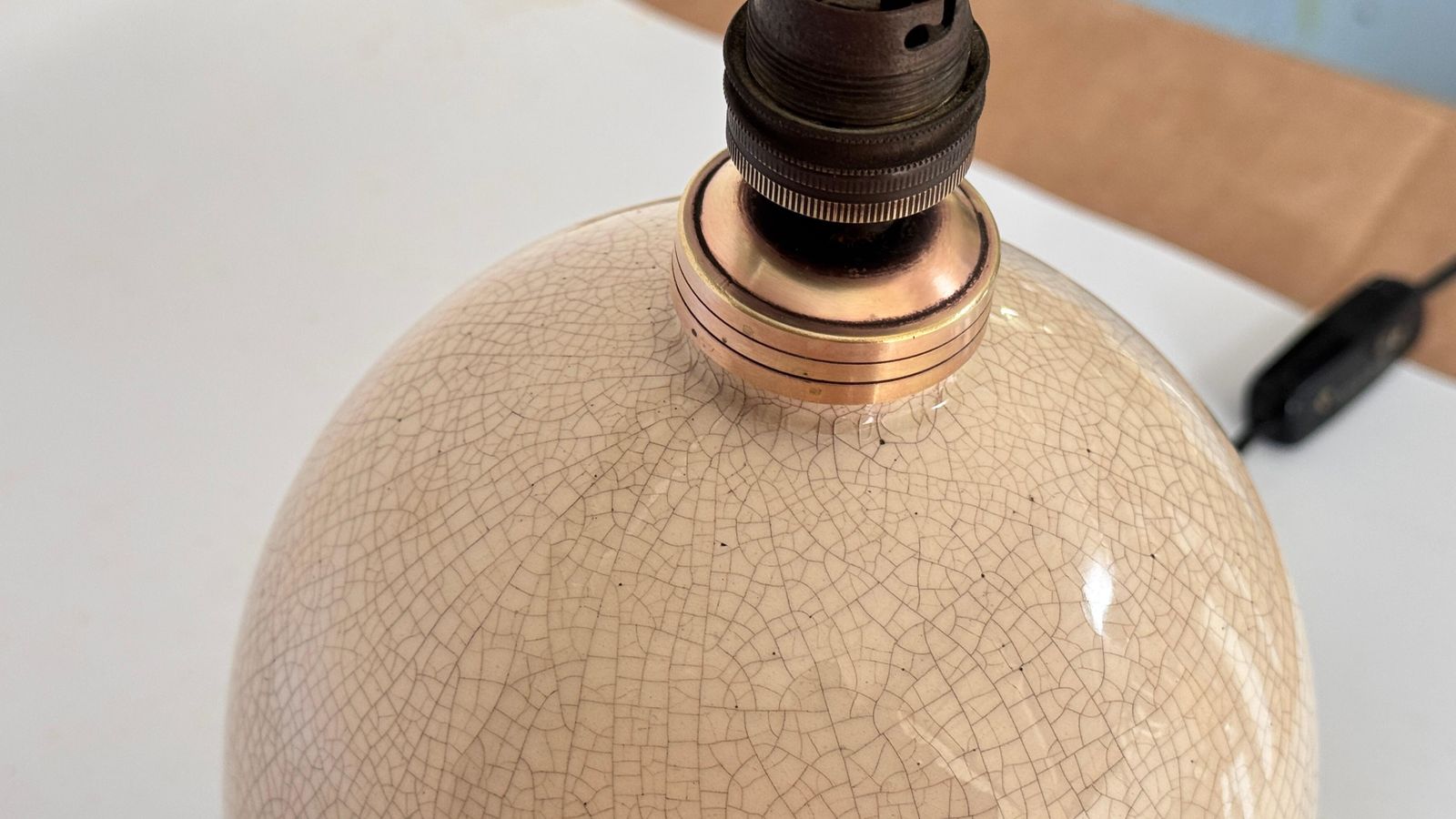 1930s French Art Deco Lamp In Crackled Ceramic And Brass  Geometric Red Motifs photo buy