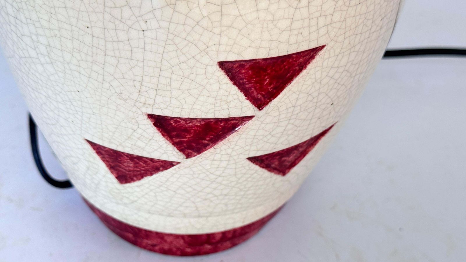 1930s French Art Deco Lamp In Crackled Ceramic And Brass  Geometric Red Motifs photo vintage