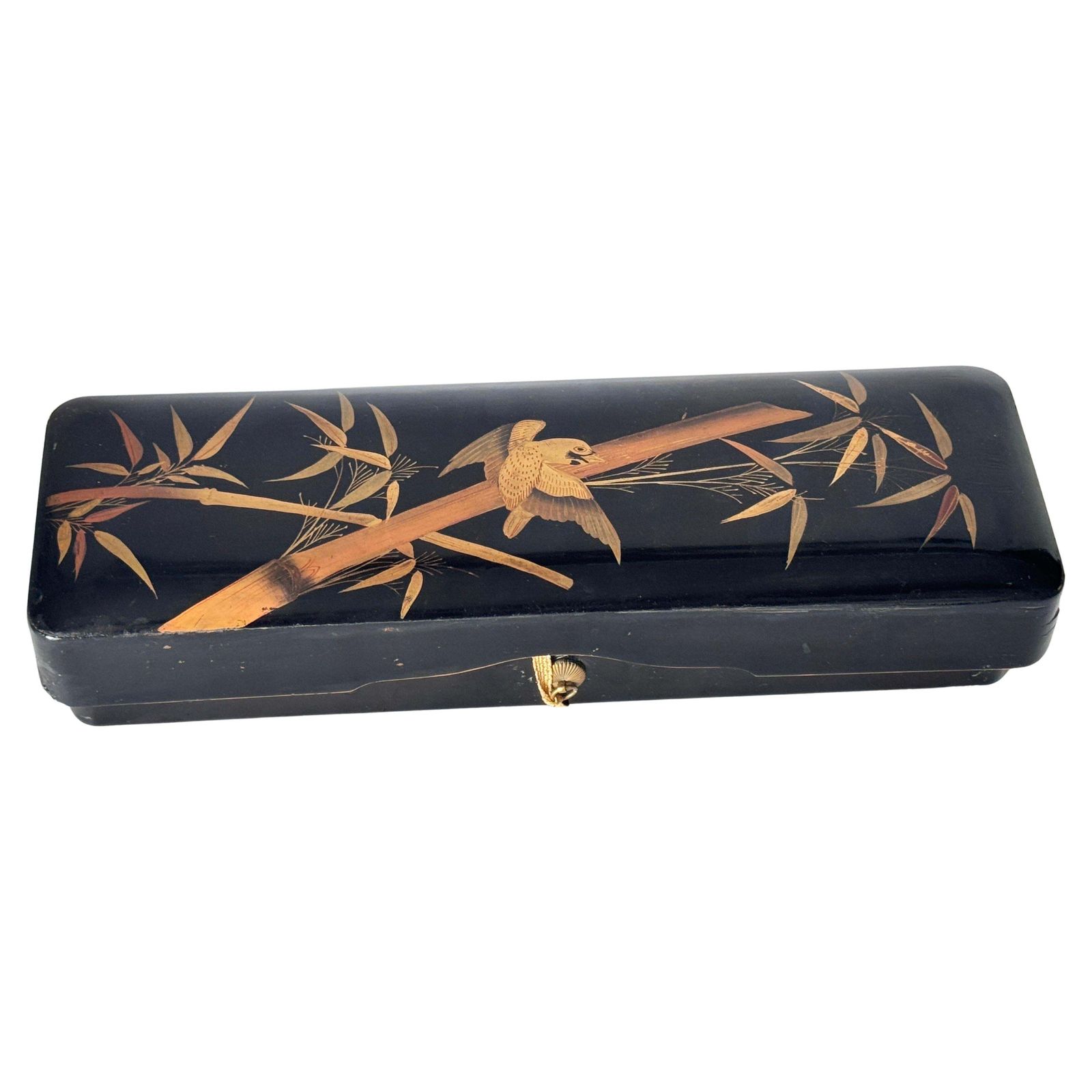 20th Century Japanese Black Lacquer Box With Gold Bird And Reed Motif Decorative