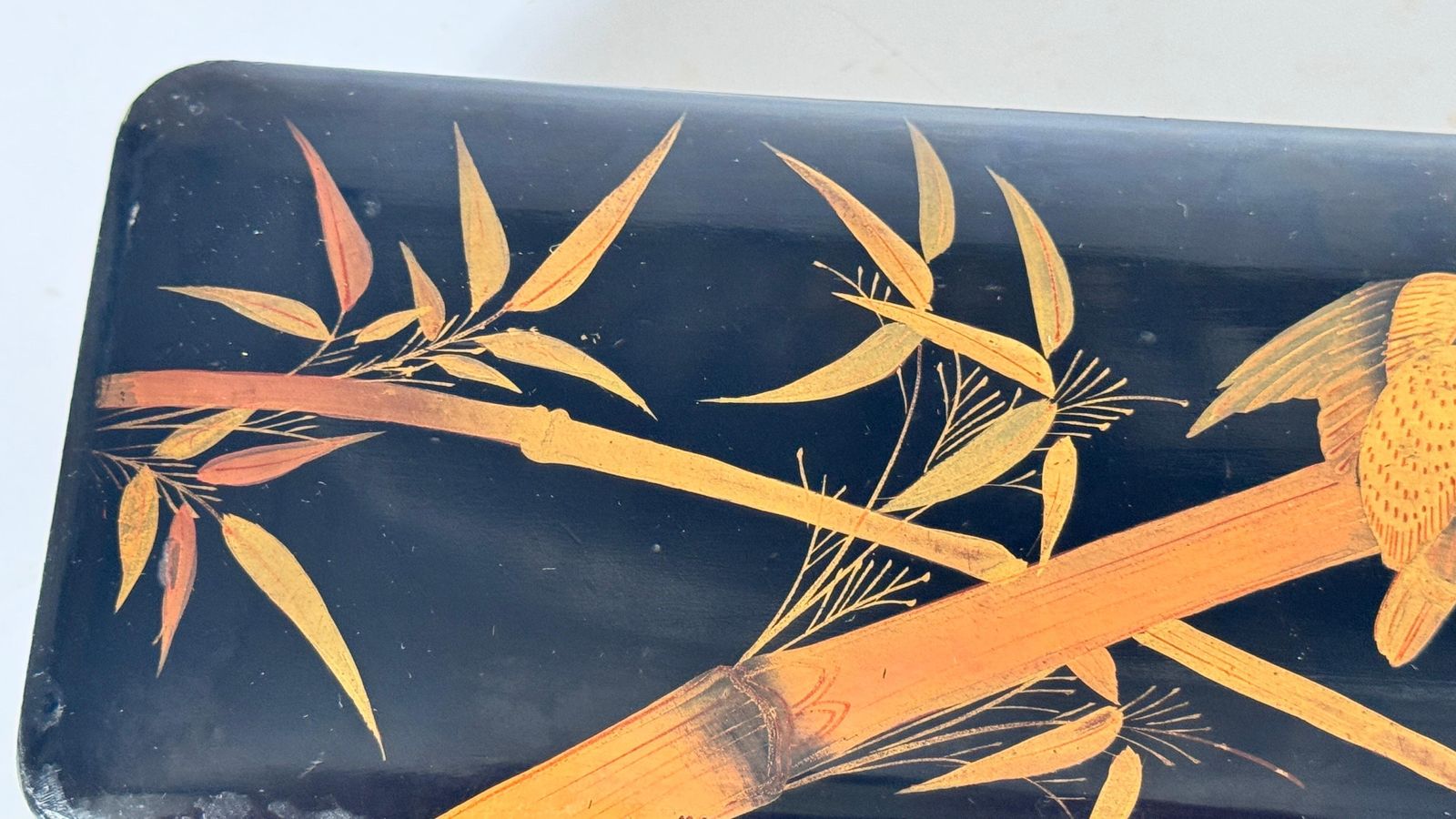 photo for sale 20th Century Japanese Black Lacquer Box With Gold Bird And Reed Motif Decorative