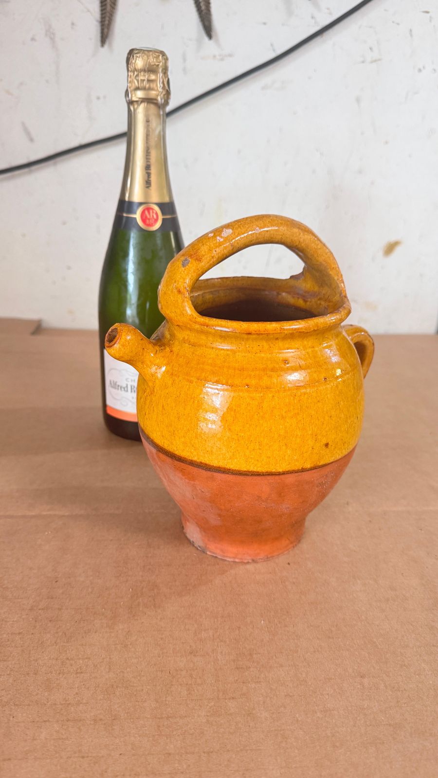 1970s French Glazed Pottery Jar Yellow &Natural Terracotta French Provencial photo furniture
