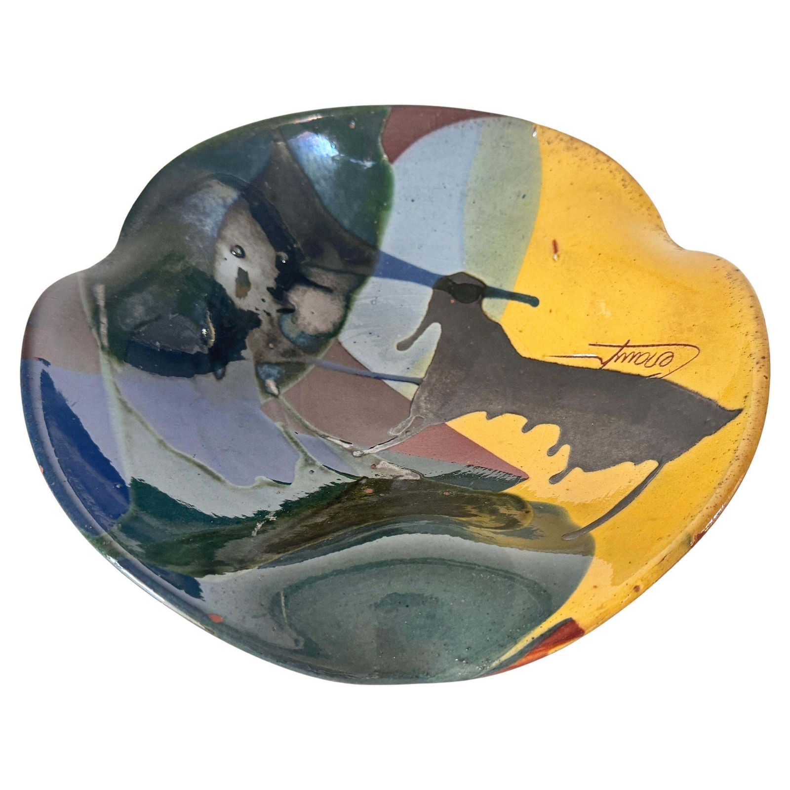 1970s French Glazed Pottery Platter With Bull Motif, Vibrant Southern Colors