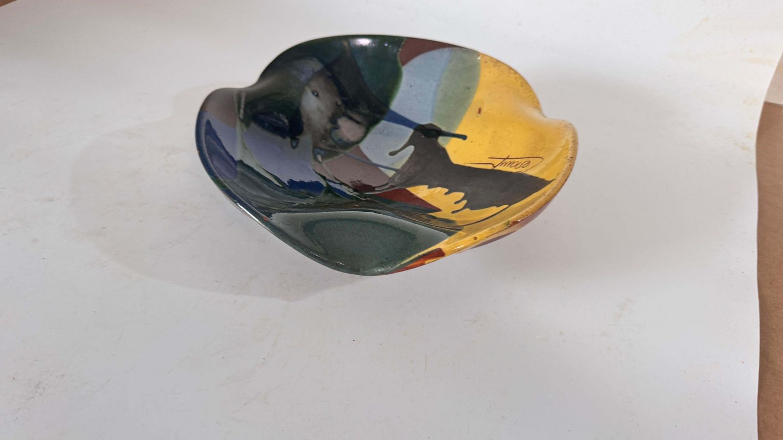 1970s French Glazed Pottery Platter With Bull Motif, Vibrant Southern Colors photo for sale