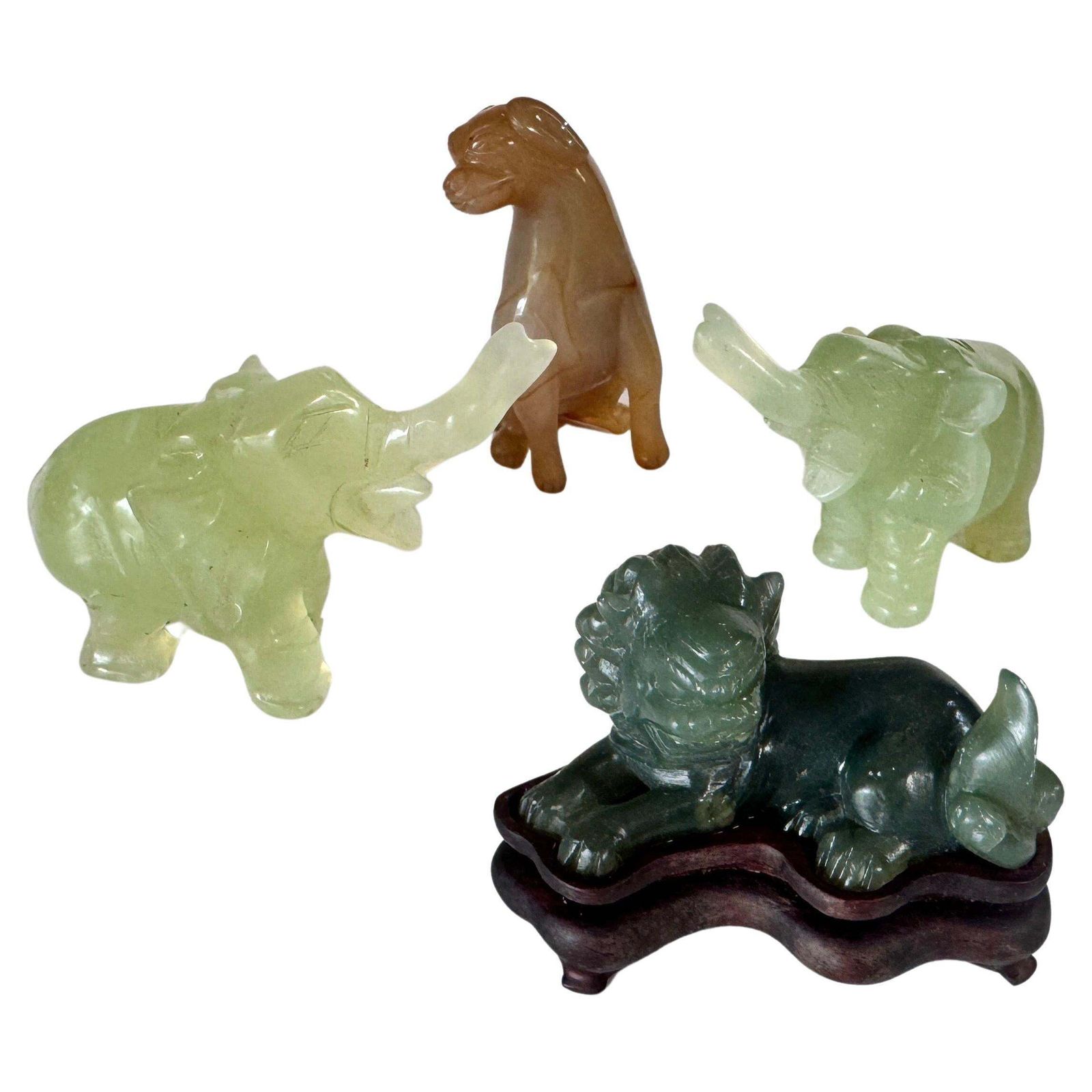 Set Of 4 Chinese Animal Figurines In Jade And Onyx – Elephants, Lion & Dog, 20th