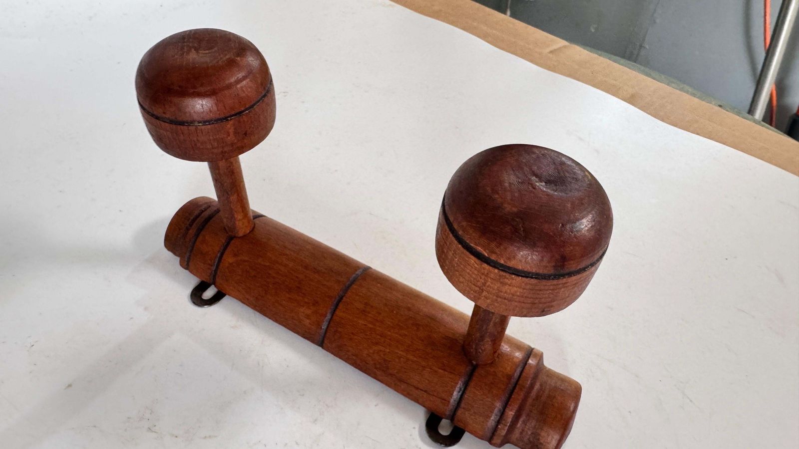 1920s French Wooden Wall Coat Rack With Two Hat And Garment Hooks  Description: photo Furniture