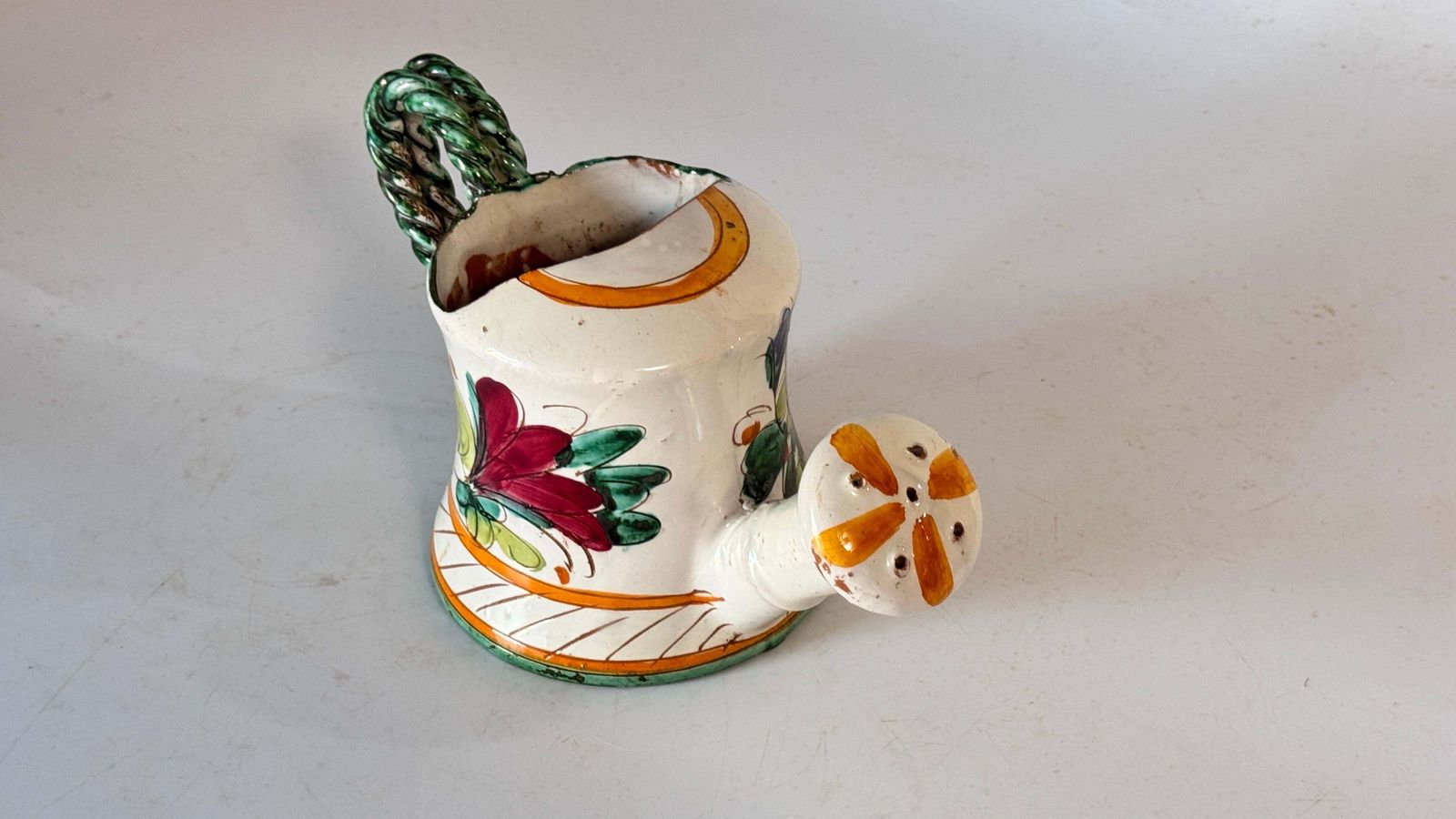 photo for sale Hand Painted 20th Century Ceramic Indoor Watering Can Floral Motifs