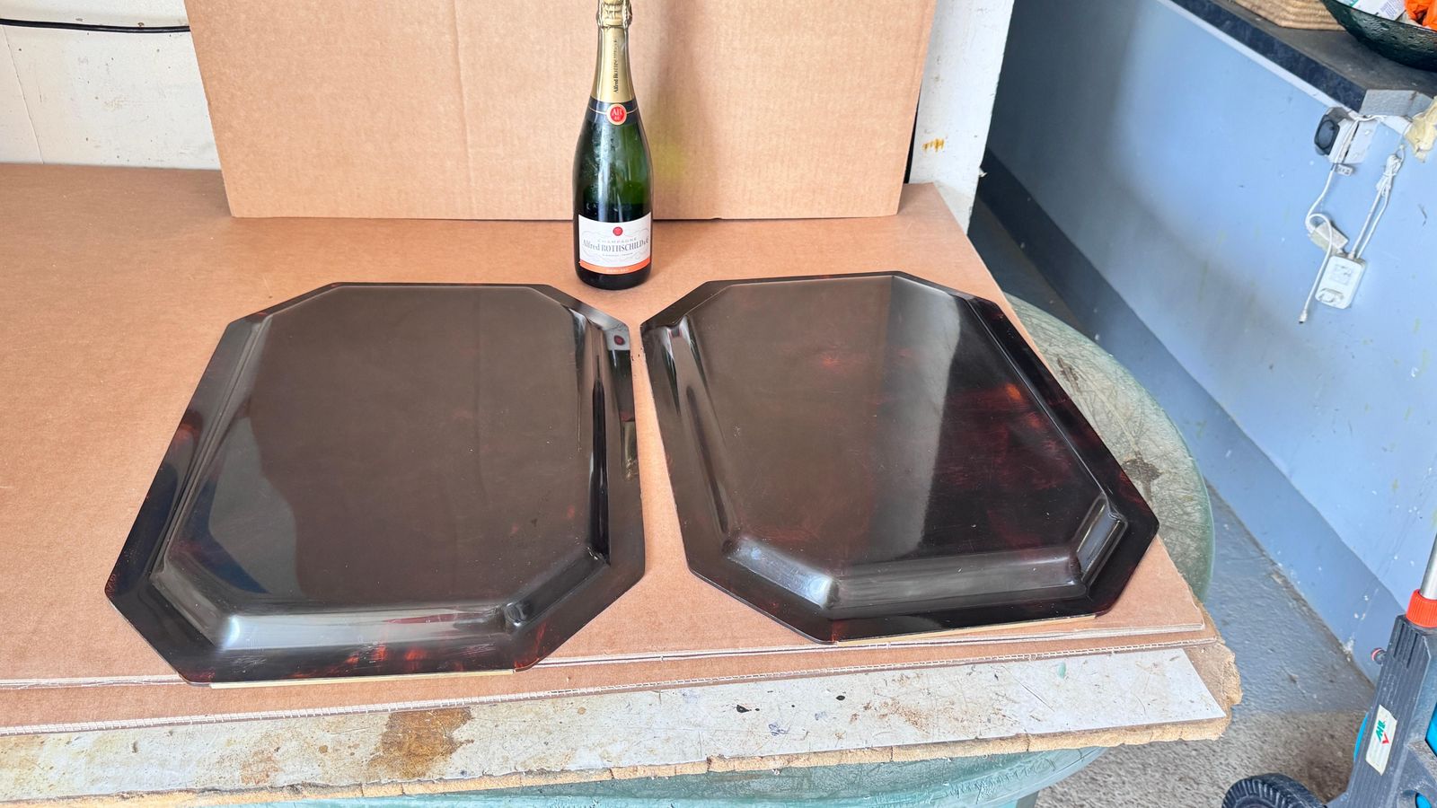 Pair 1970s French Lucite Trays With Brass Handles, Transparent Brown &Gold photo furniture