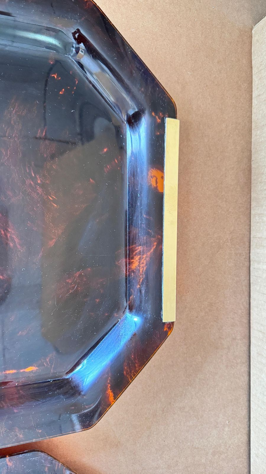 Pair 1970s French Lucite Trays With Brass Handles, Transparent Brown &Gold photo for sale