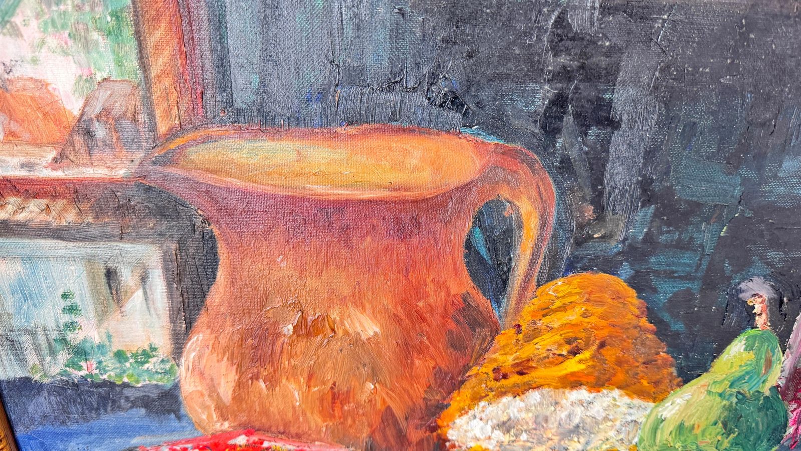 1970s French Still Life Painting, Bold Colors & Thick Texture, Faux Bamboo Gilde photo 478.0