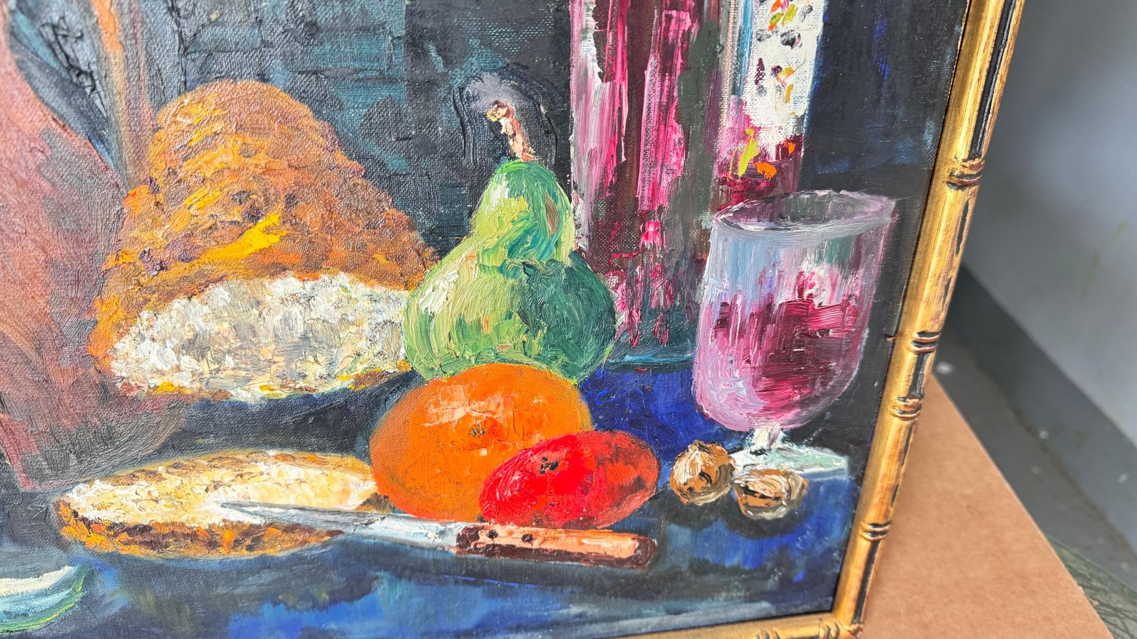 1970s French Still Life Painting, Bold Colors & Thick Texture, Faux Bamboo Gilde photo vintage