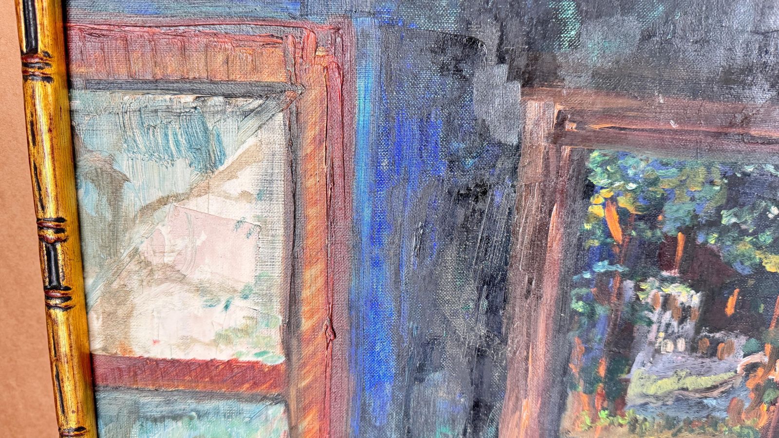 Art 1970s French Still Life Painting, Bold Colors & Thick Texture, Faux Bamboo Gilde photo